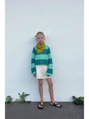 Zara Open Crochet Knit Sweater Top Girls 9 - 10 Teal Aqua Stripe Cropped NEW